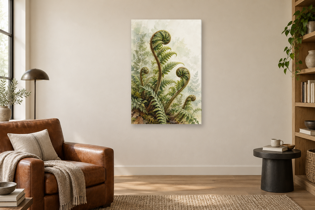 Wild Fern in a reading corner — interior mockup with the complete original artwork