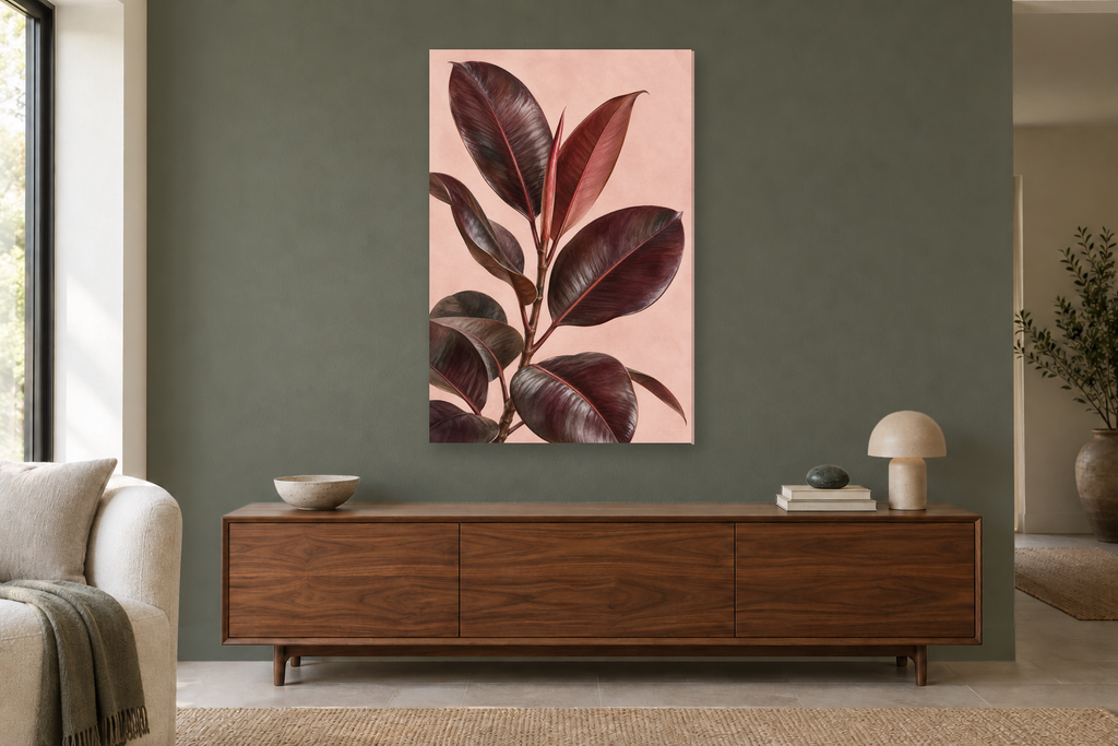 Rubber Plant in a living room — interior mockup with the complete original artwork