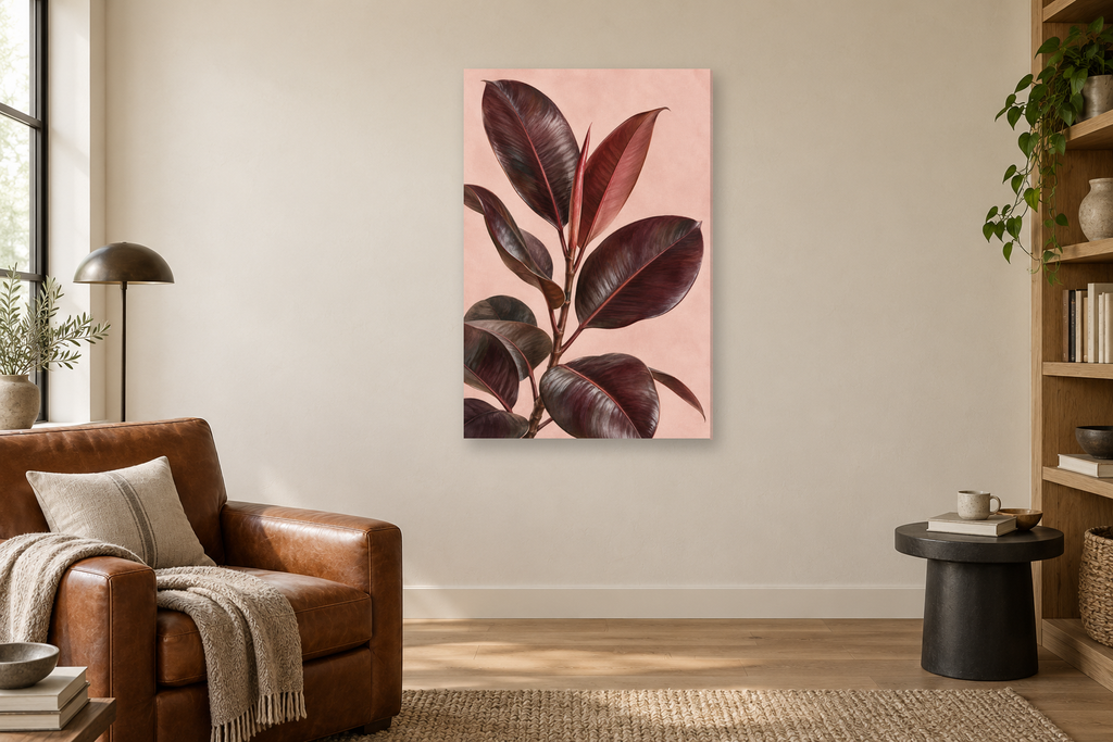 Rubber Plant in a reading corner — interior mockup with the complete original artwork