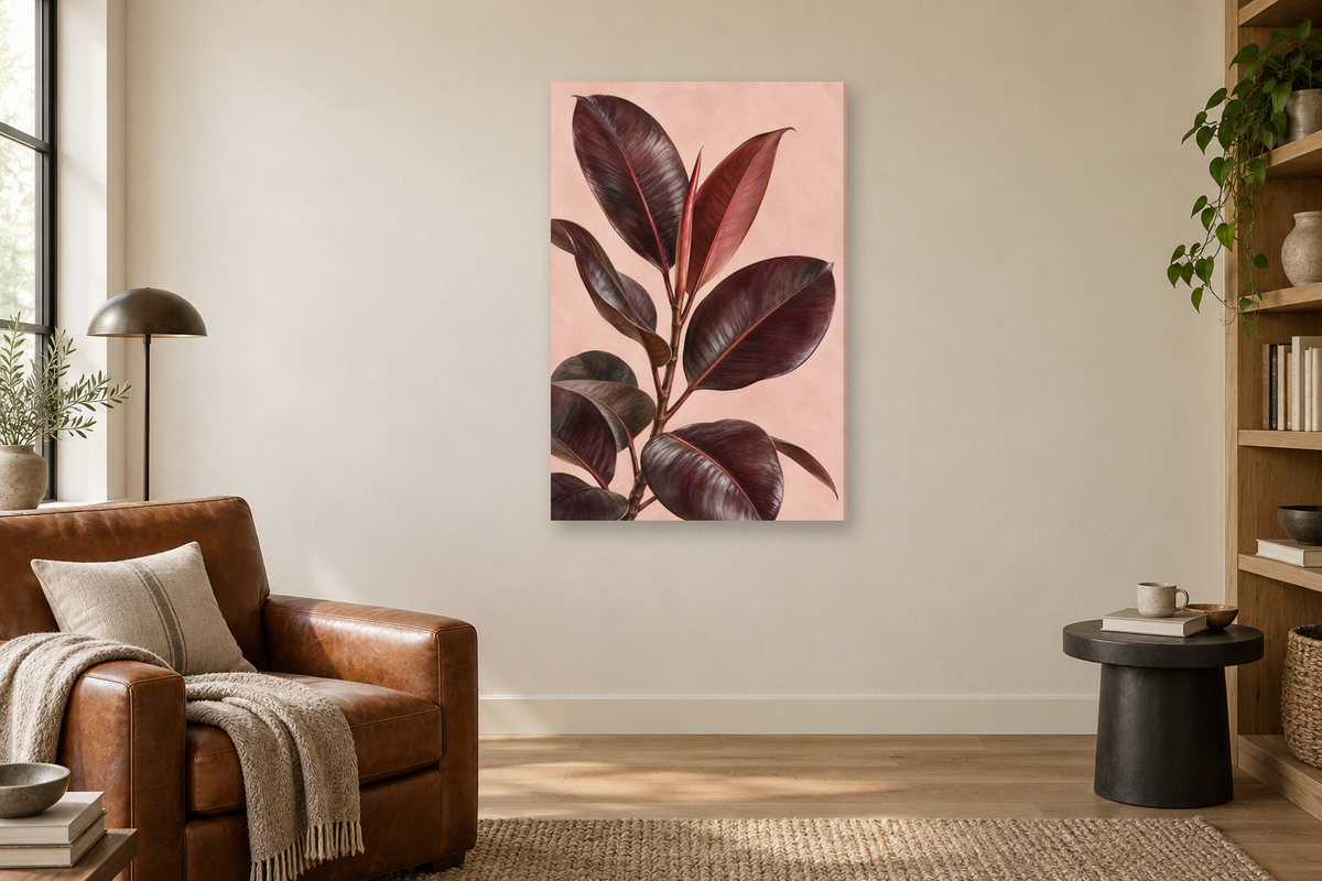 Rubber Plant in a reading corner — interior mockup with the complete original artwork