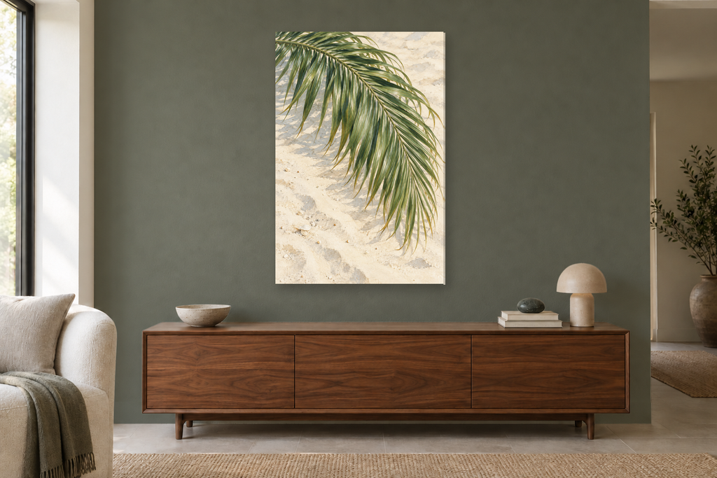 Palm Whisper in a living room — interior mockup with the complete original artwork