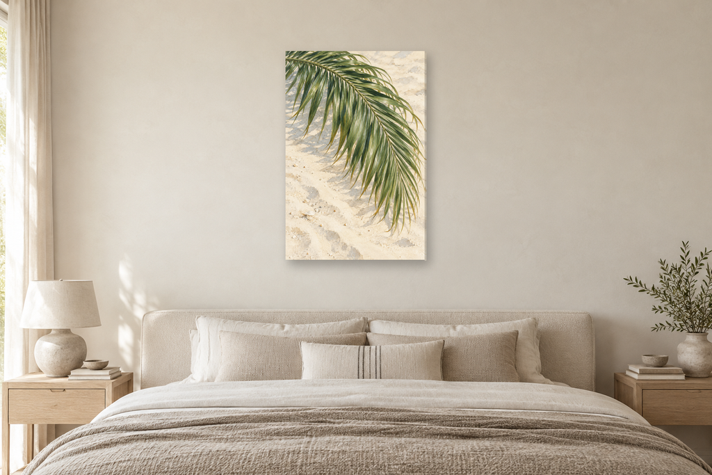Palm Whisper in a bedroom — interior mockup with the complete original artwork
