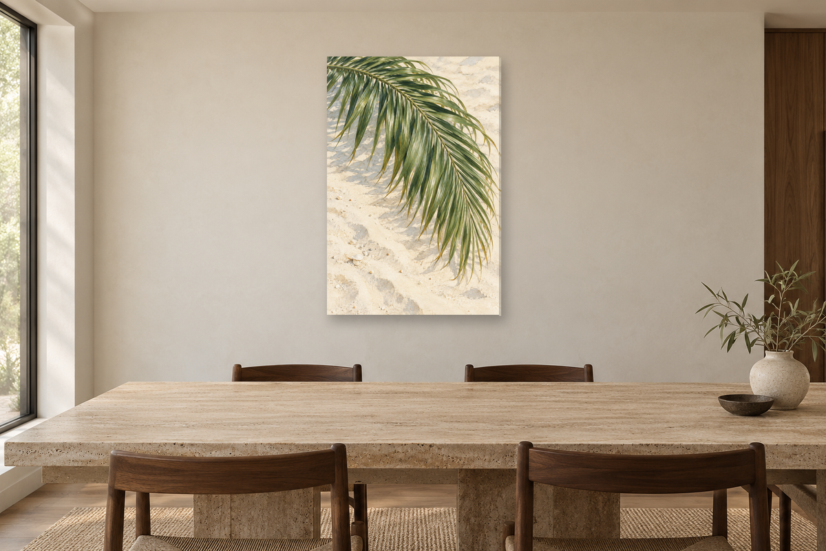 Palm Whisper in a dining room — interior mockup with the complete original artwork