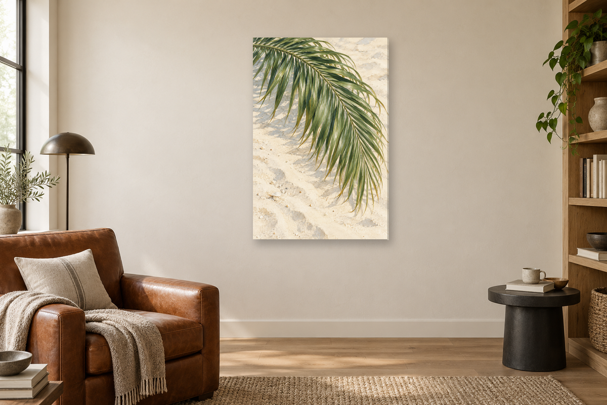 Palm Whisper in a reading corner — interior mockup with the complete original artwork