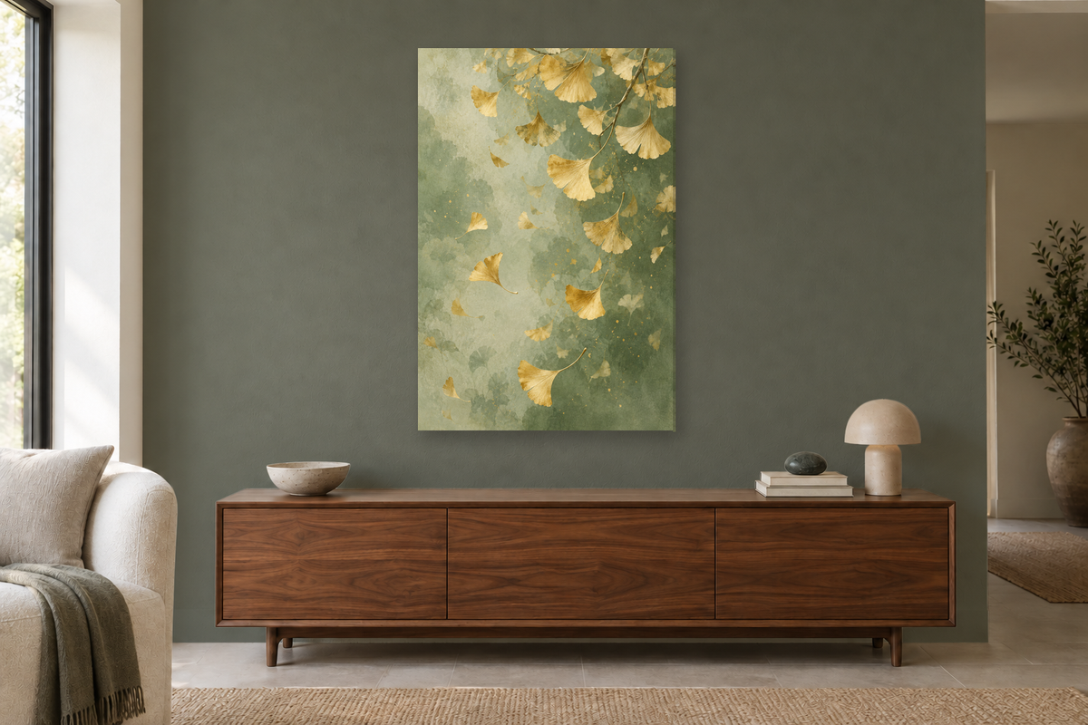 Ginkgo Rain in a living room — interior mockup with the complete original artwork