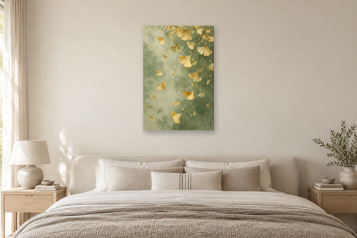 Ginkgo Rain in a bedroom — interior mockup with the complete original artwork