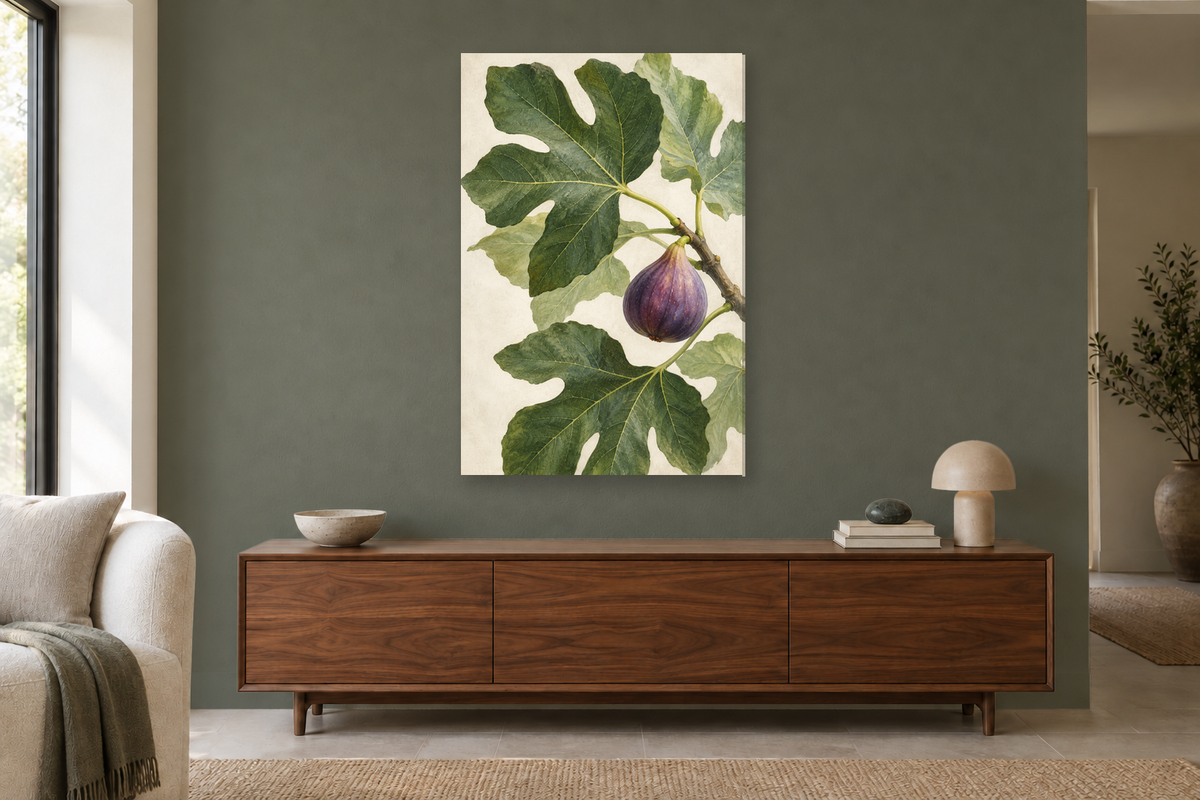 Fig Leaf Study in a living room — interior mockup with the complete original artwork