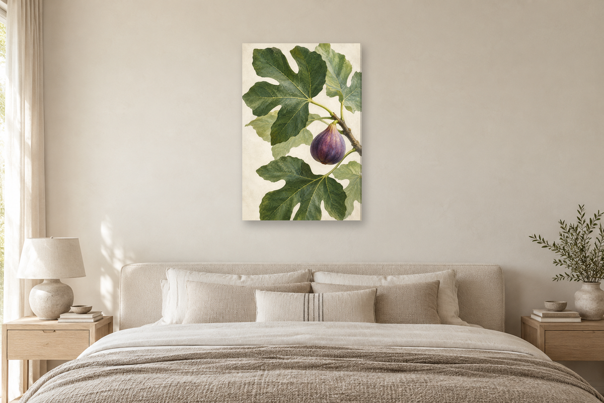 Fig Leaf Study in a bedroom — interior mockup with the complete original artwork