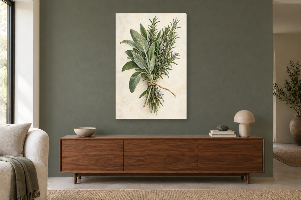 Sage and Rosemary in a living room — interior mockup with the complete original artwork