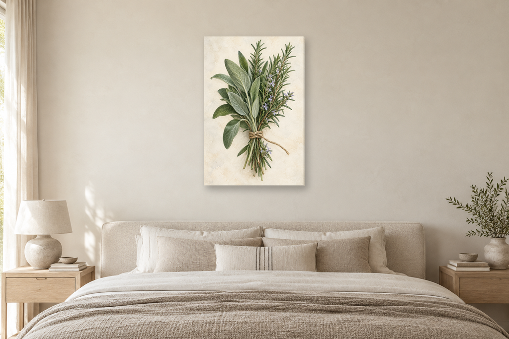 Sage and Rosemary in a bedroom — interior mockup with the complete original artwork