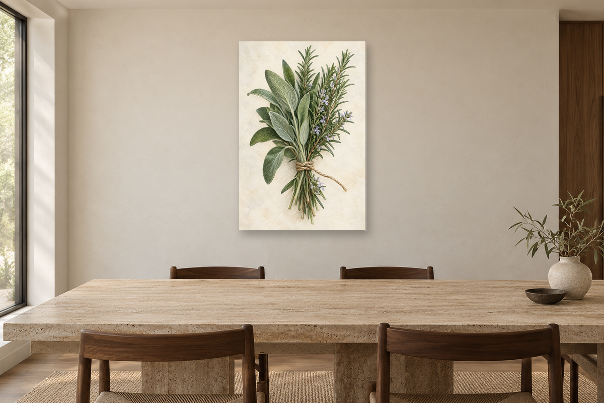 Sage and Rosemary in a dining room — interior mockup with the complete original artwork