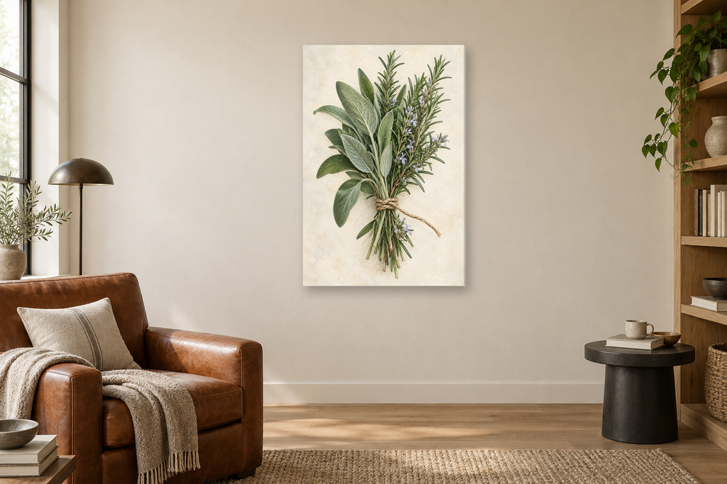 Sage and Rosemary in a reading corner — interior mockup with the complete original artwork