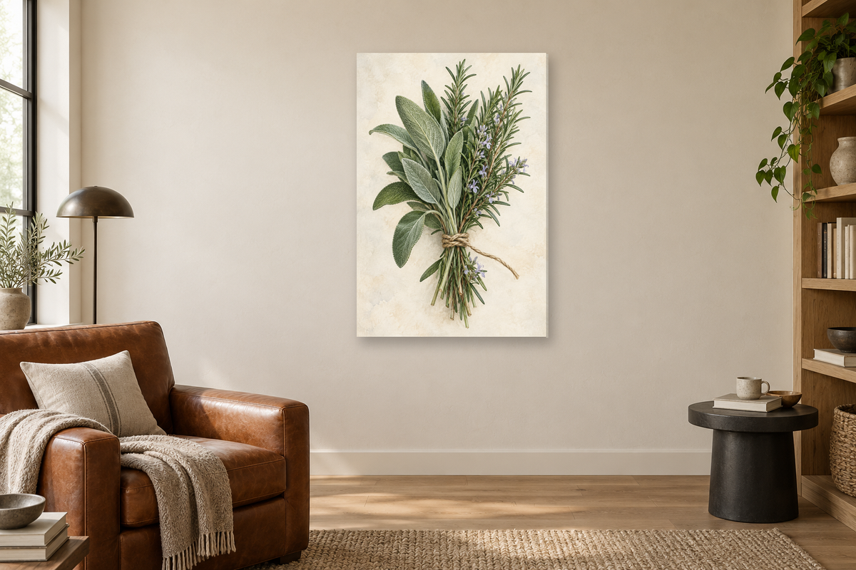 Sage and Rosemary in a reading corner — interior mockup with the complete original artwork