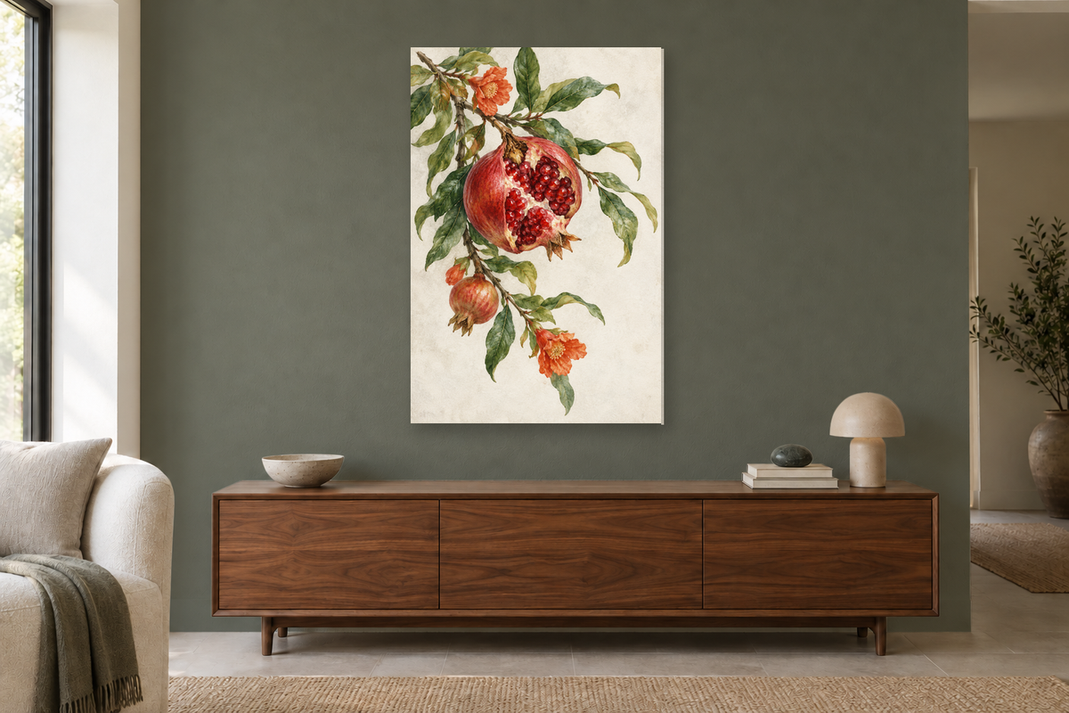 Pomegranate Branch in a living room — interior mockup with the complete original artwork