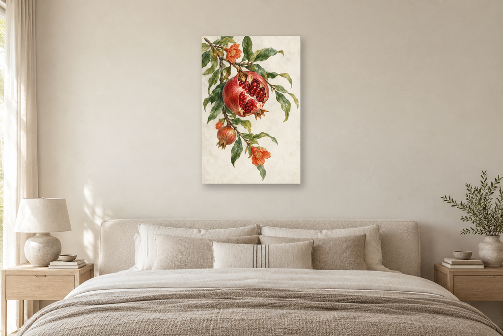 Pomegranate Branch in a bedroom — interior mockup with the complete original artwork