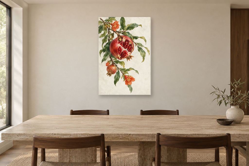 Pomegranate Branch in a dining room — interior mockup with the complete original artwork