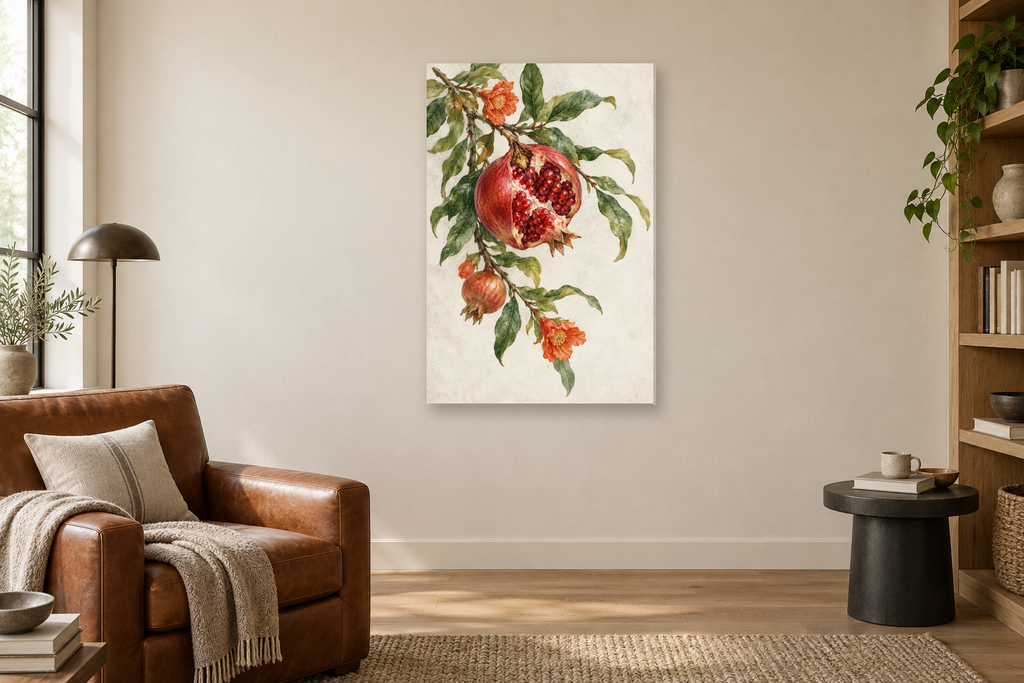 Pomegranate Branch in a reading corner — interior mockup with the complete original artwork