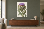 Artichoke Study in a living room — interior mockup with the complete original artwork