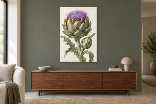 Artichoke Study in a living room — interior mockup with the complete original artwork