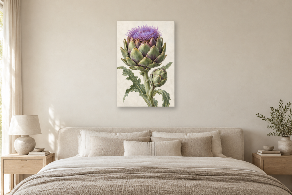 Artichoke Study in a bedroom — interior mockup with the complete original artwork