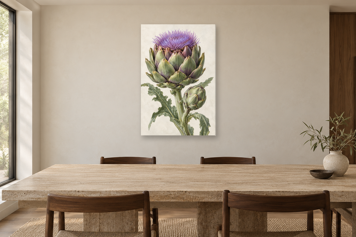 Artichoke Study in a dining room — interior mockup with the complete original artwork