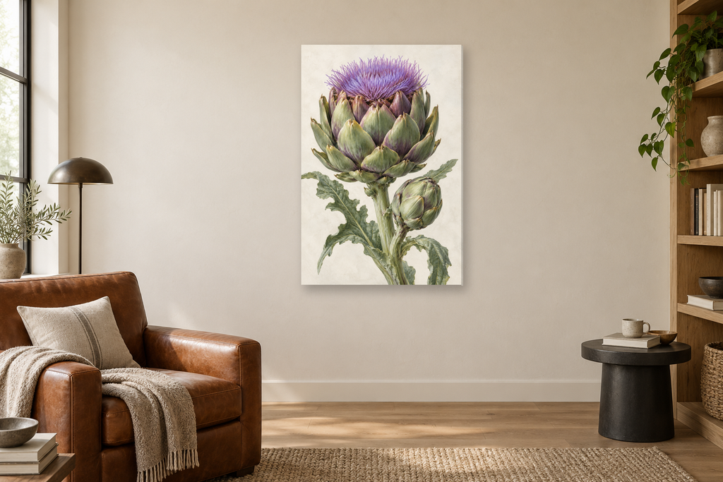 Artichoke Study in a reading corner — interior mockup with the complete original artwork
