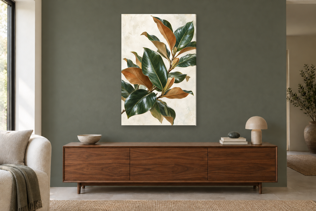 Magnolia Leaves in a living room — interior mockup with the complete original artwork