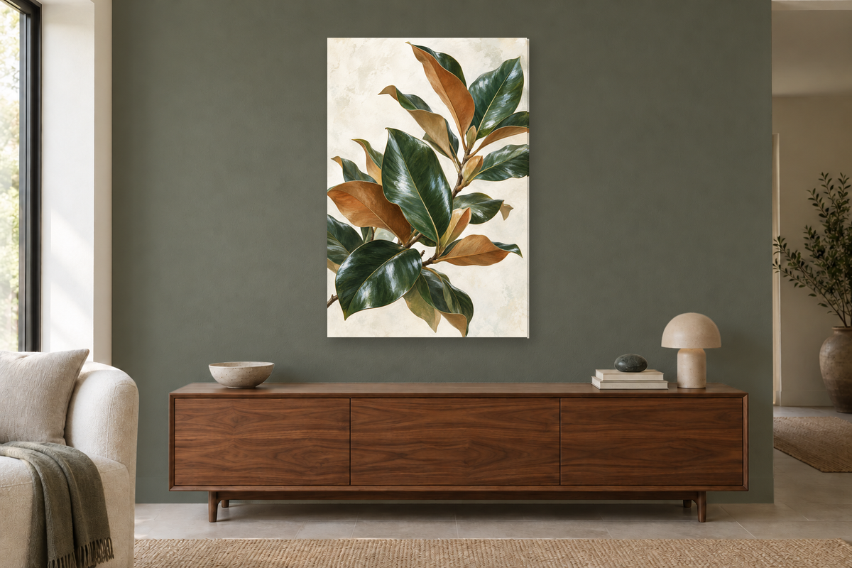 Magnolia Leaves in a living room — interior mockup with the complete original artwork