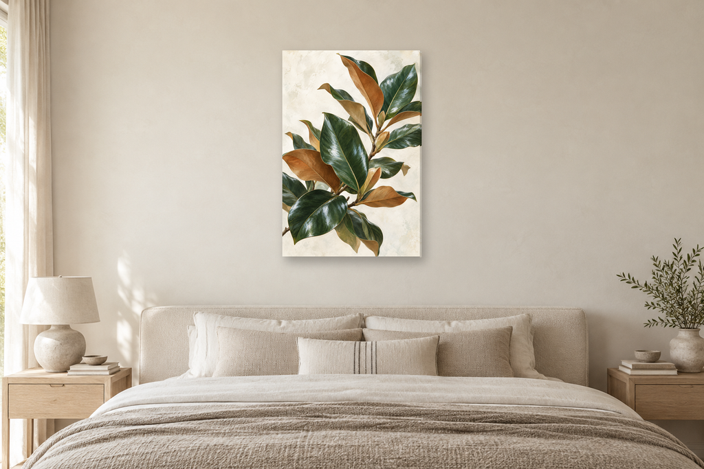 Magnolia Leaves in a bedroom — interior mockup with the complete original artwork