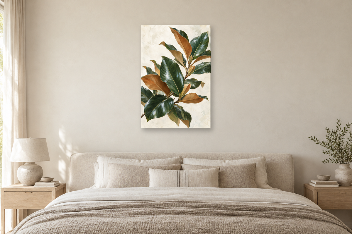 Magnolia Leaves in a bedroom — interior mockup with the complete original artwork