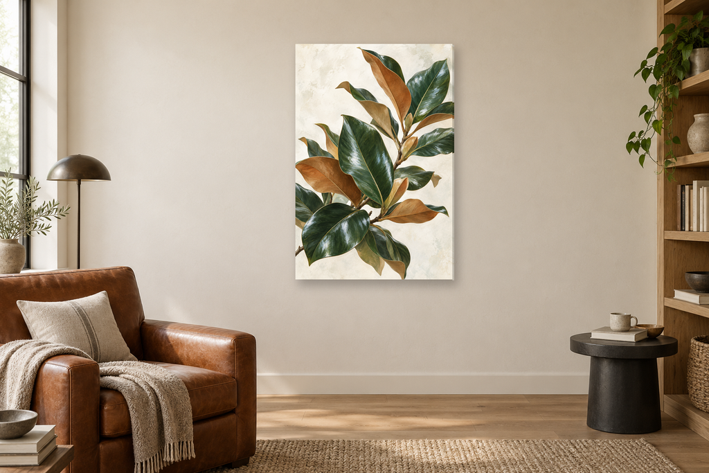 Magnolia Leaves in a reading corner — interior mockup with the complete original artwork