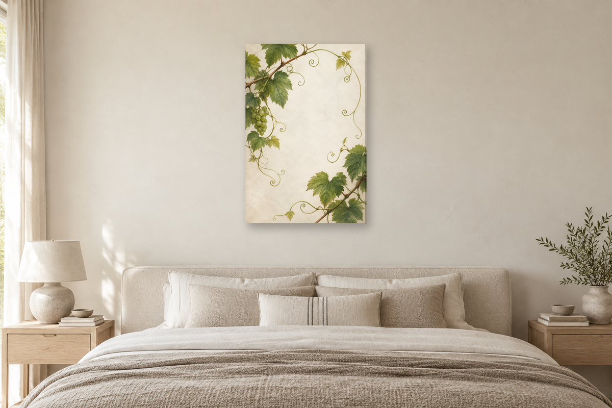 Vine Tendrils in a bedroom — interior mockup with the complete original artwork