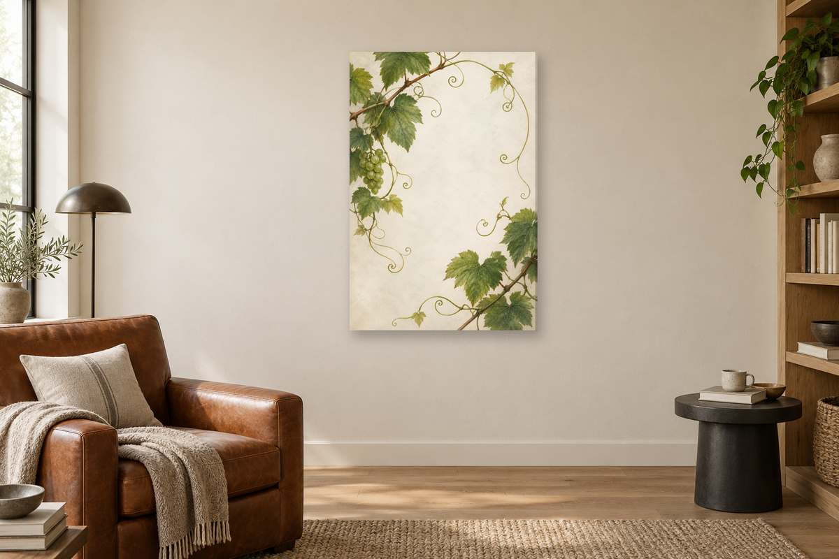 Vine Tendrils in a reading corner — interior mockup with the complete original artwork
