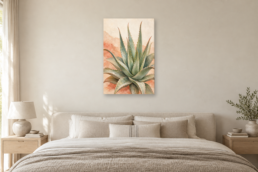 Desert Aloe in a bedroom — interior mockup with the complete original artwork