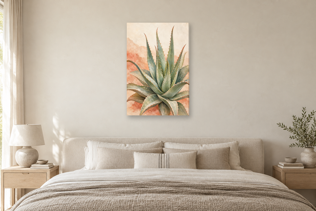 Desert Aloe in a bedroom — interior mockup with the complete original artwork