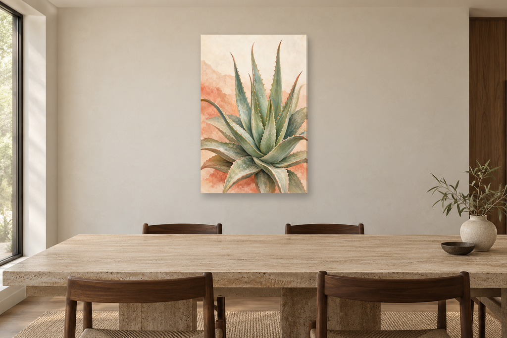 Desert Aloe in a dining room — interior mockup with the complete original artwork