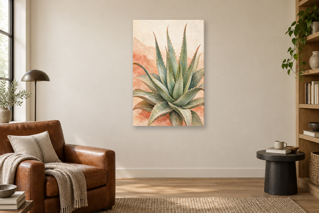 Desert Aloe in a reading corner — interior mockup with the complete original artwork
