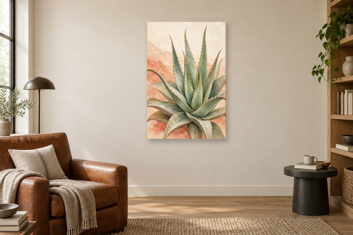 Desert Aloe in a reading corner — interior mockup with the complete original artwork