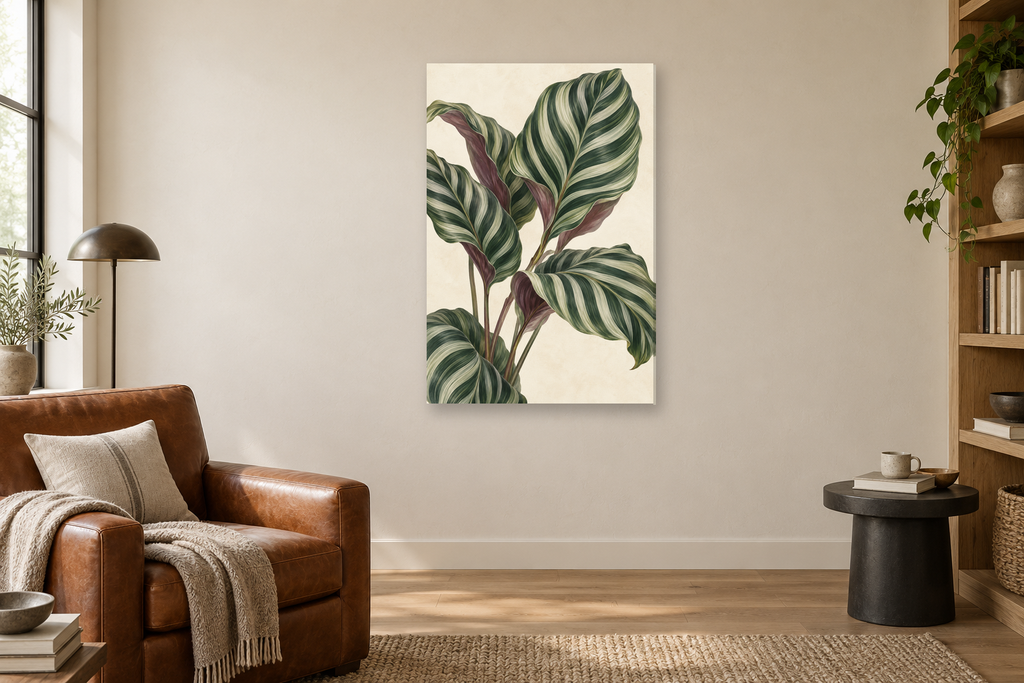 Calathea Lines in a reading corner — interior mockup with the complete original artwork