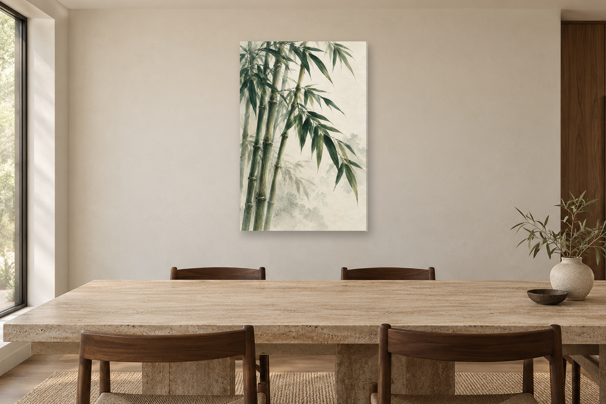 Bamboo Stillness in a dining room — interior mockup with the complete original artwork