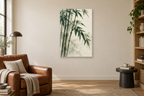 Bamboo Stillness in a reading corner — interior mockup with the complete original artwork