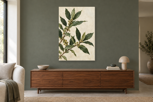 Bay Laurel in a living room — interior mockup with the complete original artwork