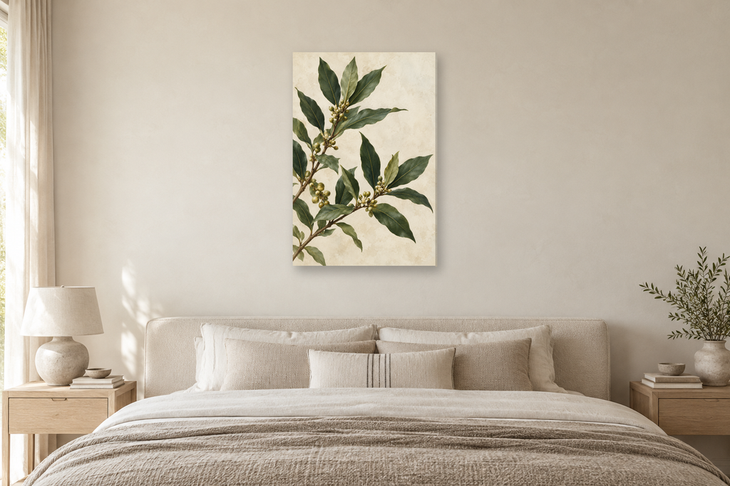 Bay Laurel in a bedroom — interior mockup with the complete original artwork