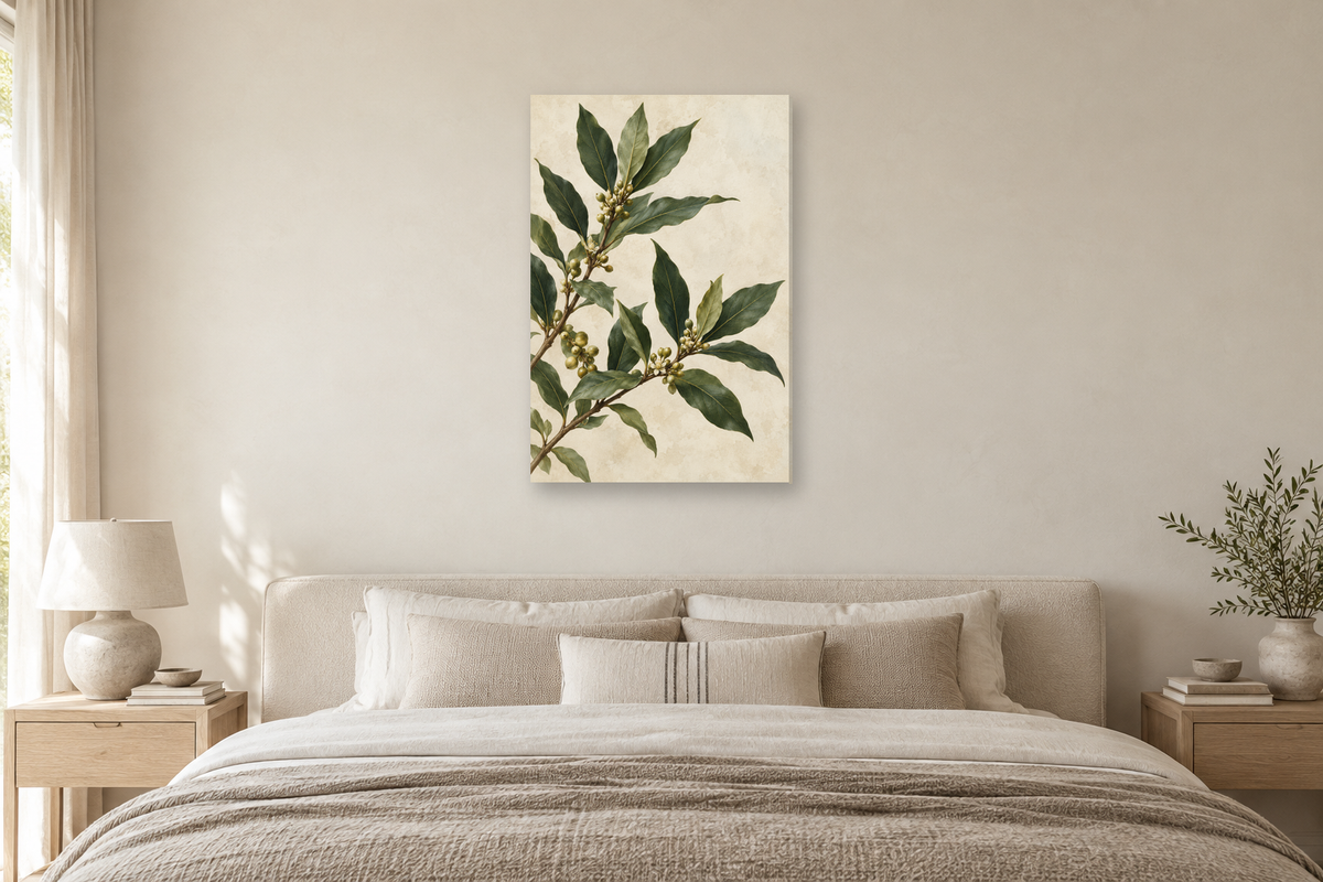 Bay Laurel in a bedroom — interior mockup with the complete original artwork