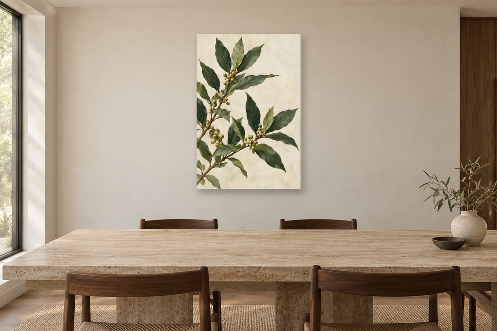 Bay Laurel in a dining room — interior mockup with the complete original artwork