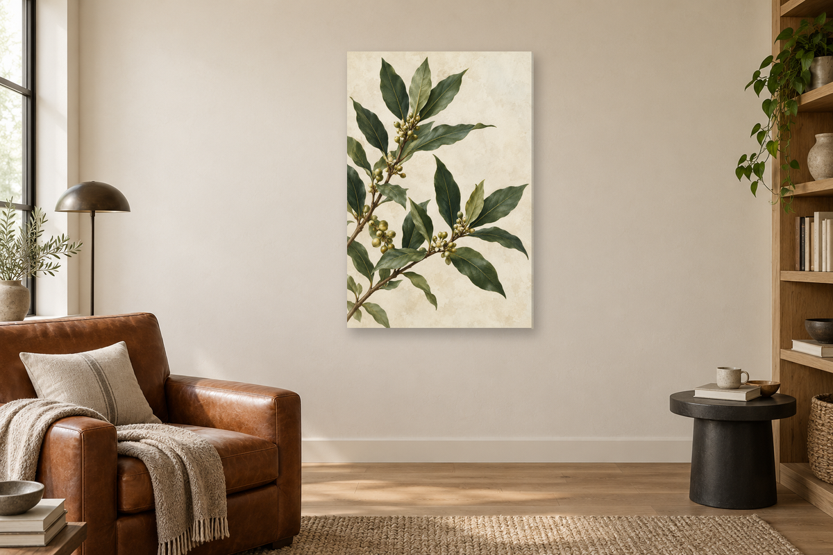 Bay Laurel in a reading corner — interior mockup with the complete original artwork