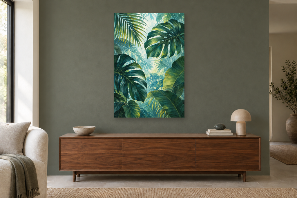 Tropical Canopy in a living room — interior mockup with the complete original artwork