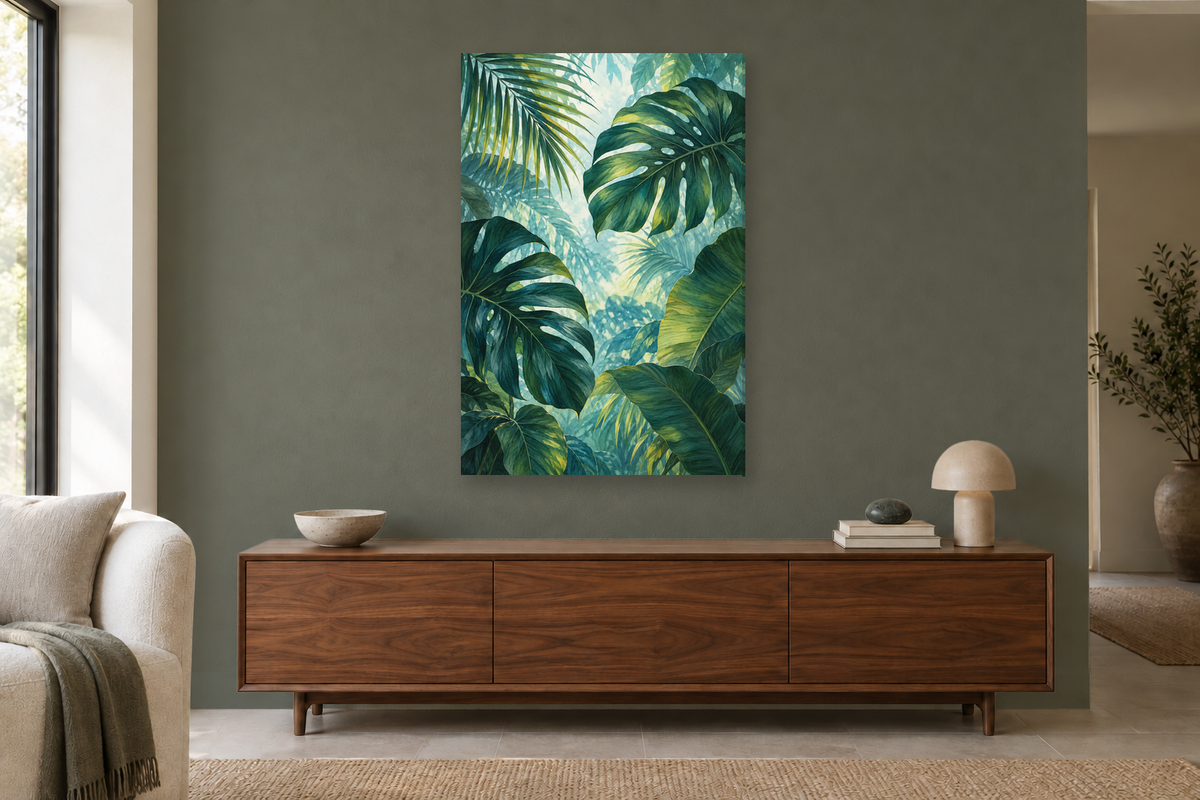 Tropical Canopy in a living room — interior mockup with the complete original artwork