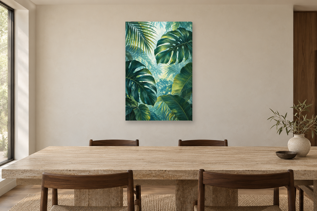 Tropical Canopy in a dining room — interior mockup with the complete original artwork