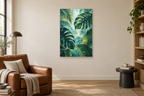 Tropical Canopy in a reading corner — interior mockup with the complete original artwork
